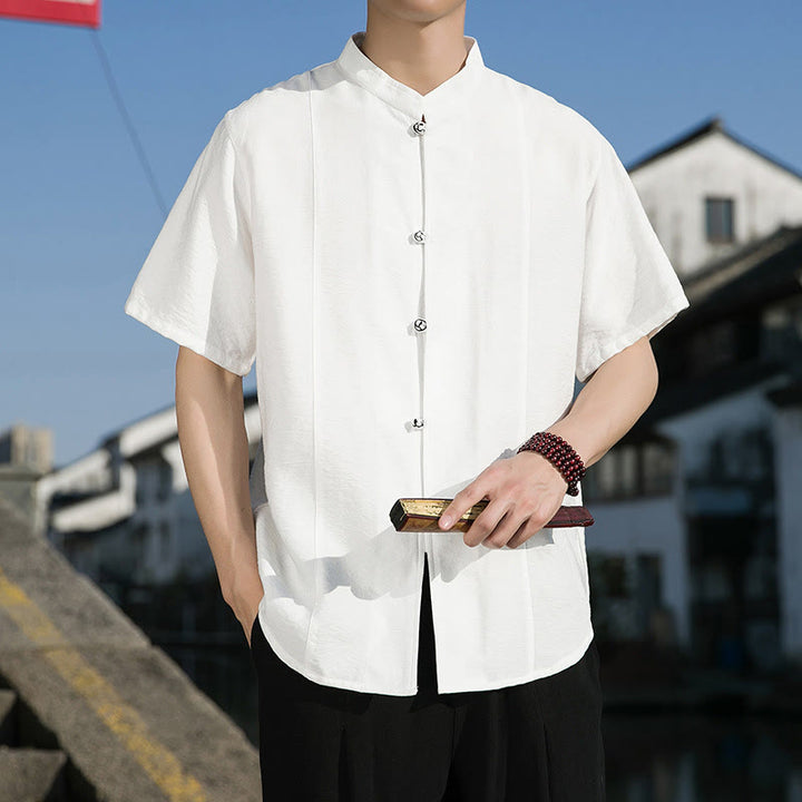 Camisa de algodón de media manga para hombre con diseño de botones frontales de color liso de verano con Buddha Stones - Blanco - US/UK/AU42, EU52 (3XL) - image 1