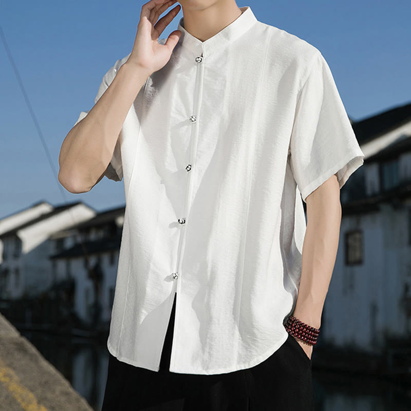 Camisa de algodón de media manga para hombre con diseño de botones frontales de color liso de verano con Buddha Stones - image 5