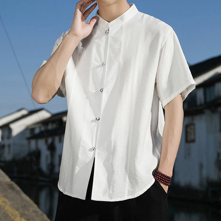 Camisa de algodón de media manga para hombre con diseño de botones frontales de color liso de verano con Buddha Stones - image 5