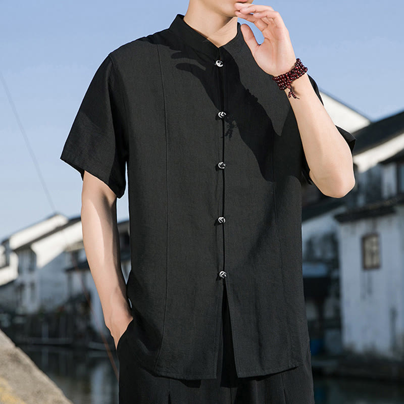 Camisa de algodón de media manga para hombre con diseño de botones frontales de color liso de verano con Buddha Stones - image 16
