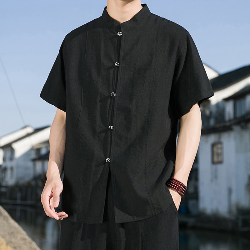 Camisa de algodón de media manga para hombre con diseño de botones frontales de color liso de verano con Buddha Stones - image 14
