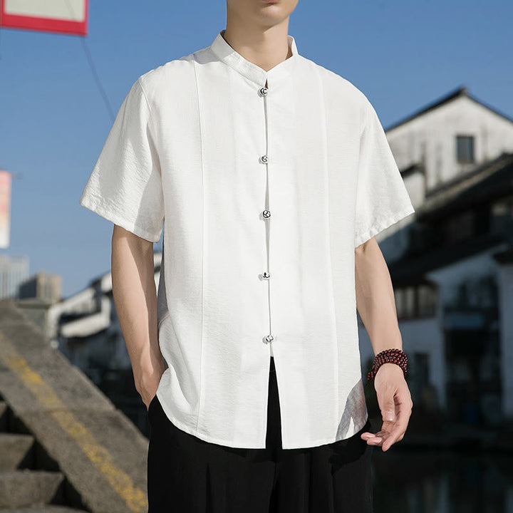 Camisa de algodón de media manga para hombre con diseño de botones frontales de color liso de verano con Buddha Stones - image 3