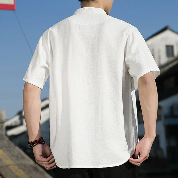 Camisa de algodón de media manga para hombre con diseño de botones frontales de color liso de verano con Buddha Stones - image 9