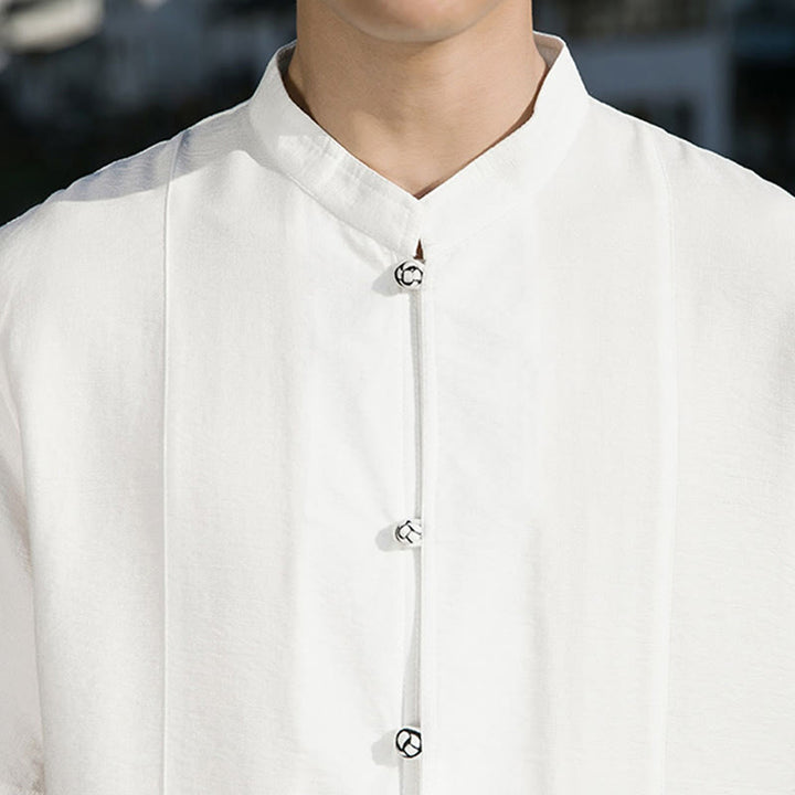Camisa de algodón de media manga para hombre con diseño de botones frontales de color liso de verano con Buddha Stones - image 10