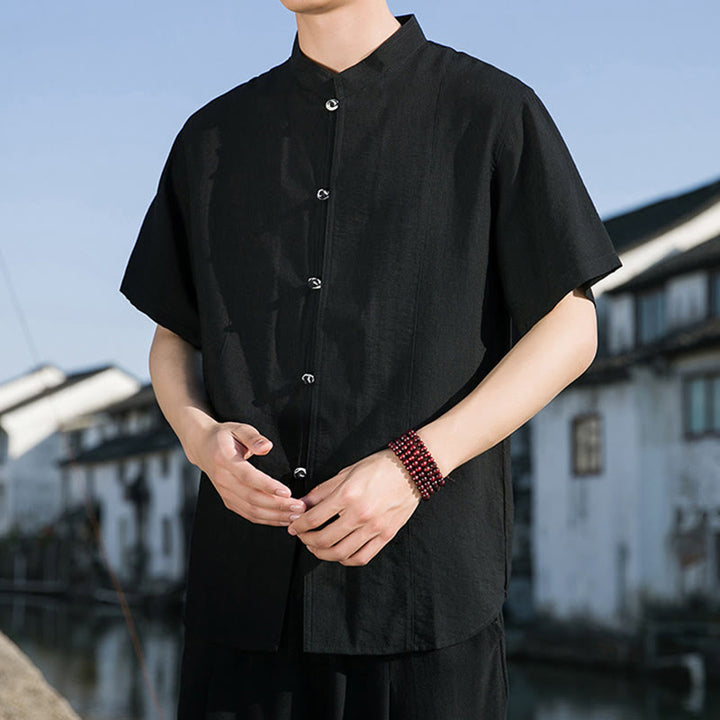 Camisa de algodón de media manga para hombre con diseño de botones frontales de color liso de verano con Buddha Stones - image 18