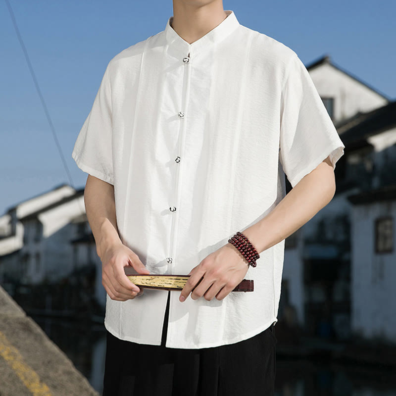 Camisa de algodón de media manga para hombre con diseño de botones frontales de color liso de verano con Buddha Stones - image 2