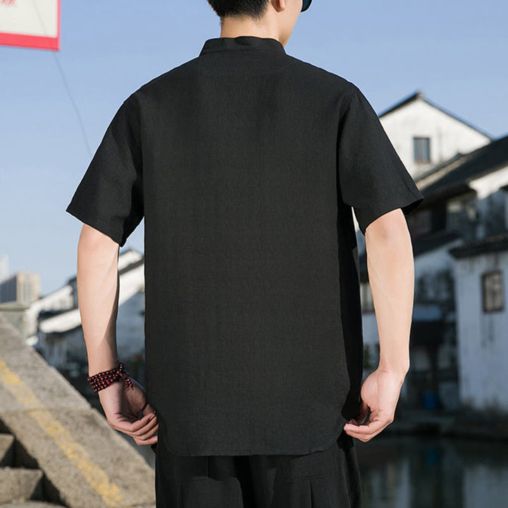 Camisa de algodón de media manga para hombre con diseño de botones frontales de color liso de verano con Buddha Stones - image 16