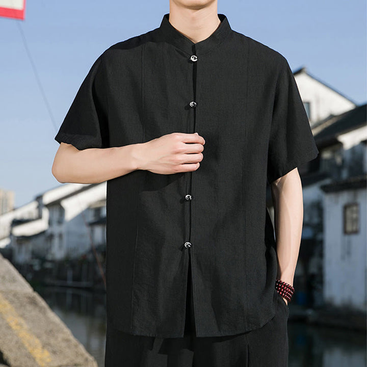 Camisa de algodón de media manga para hombre con diseño de botones frontales de color liso de verano con Buddha Stones - image 19
