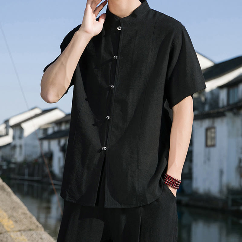 Camisa de algodón de media manga para hombre con diseño de botones frontales de color liso de verano con Buddha Stones - image 15