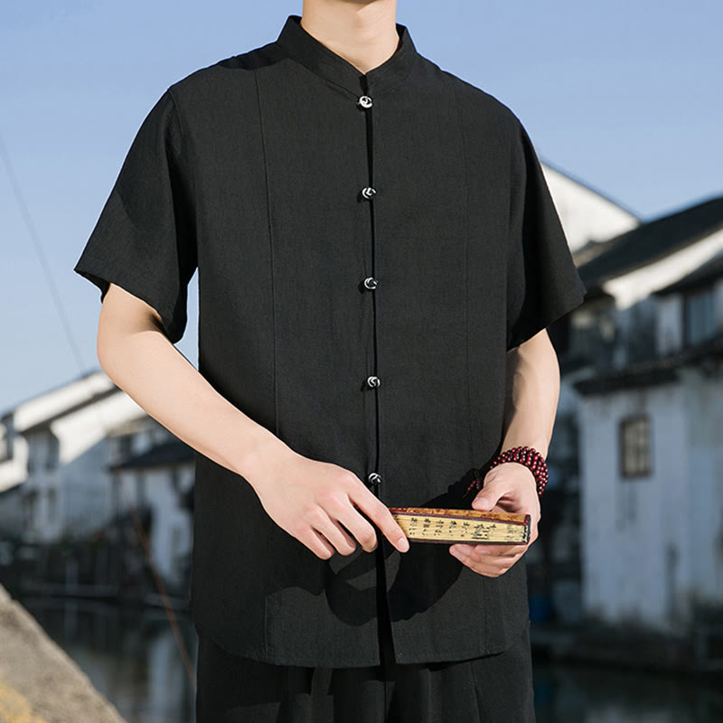 Camisa de algodón de media manga para hombre con diseño de botones frontales de color liso de verano con Buddha Stones - image 20