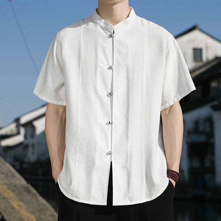 Camisa de algodón de media manga para hombre con diseño de botones frontales de color liso de verano con Buddha Stones - image 8