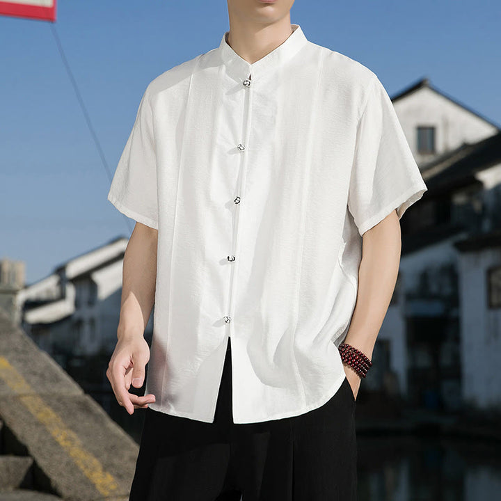 Camisa de algodón de media manga para hombre con diseño de botones frontales de color liso de verano con Buddha Stones - image 4