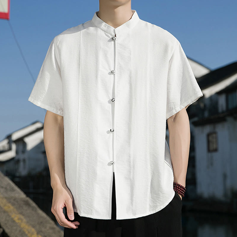 Camisa de algodón de media manga para hombre con diseño de botones frontales de color liso de verano con Buddha Stones - image 6