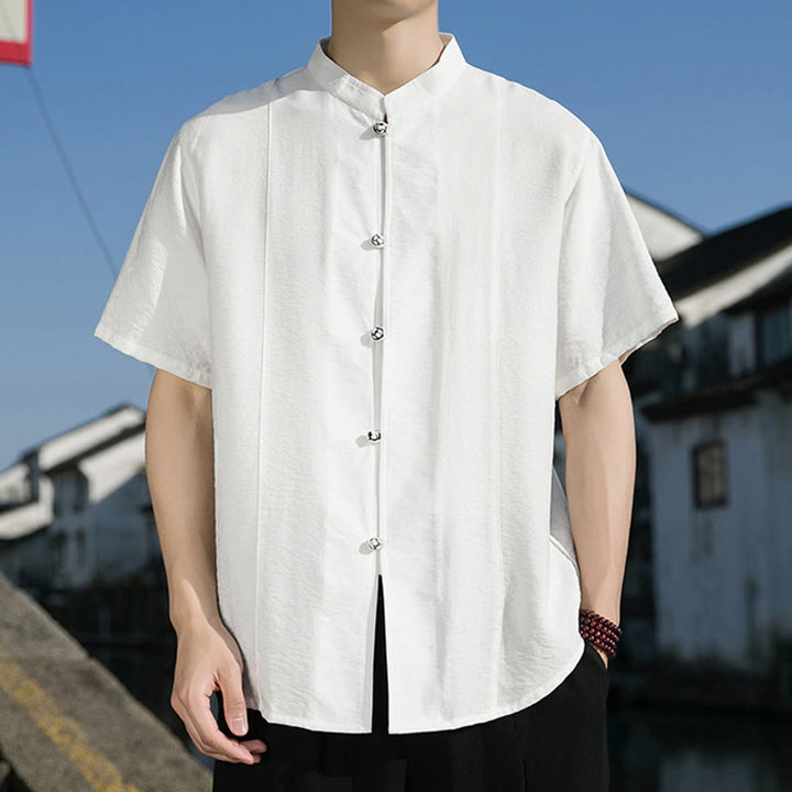 Camisa de algodón de media manga para hombre con diseño de botones frontales de color liso de verano con Buddha Stones - image 6