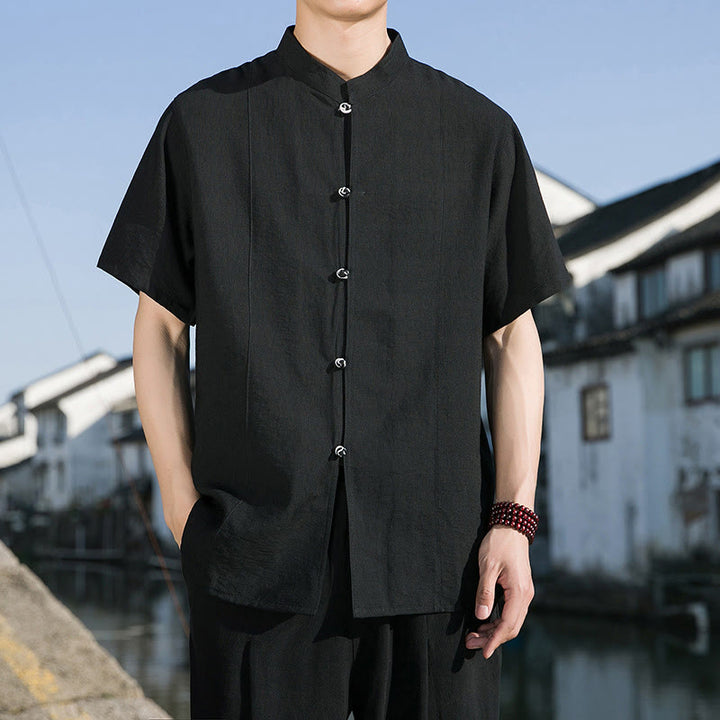 Camisa de algodón de media manga para hombre con diseño de botones frontales de color liso de verano con Buddha Stones - Negro - US/UK/AU42, EU52 (3XL) - image 13