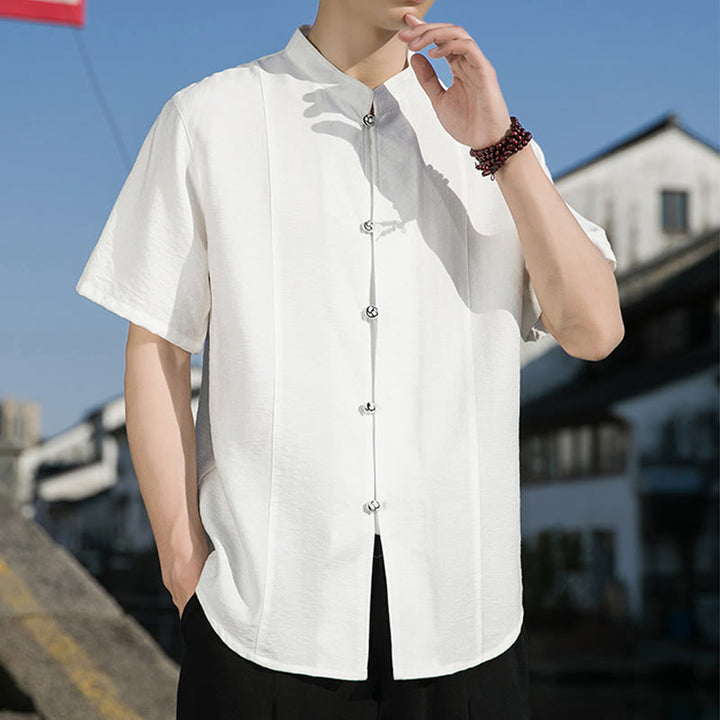 Camisa de algodón de media manga para hombre con diseño de botones frontales de color liso de verano con Buddha Stones - image 7