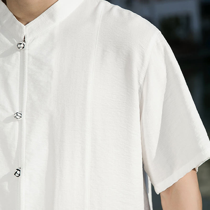 Camisa de algodón de media manga para hombre con diseño de botones frontales de color liso de verano con Buddha Stones - image 10