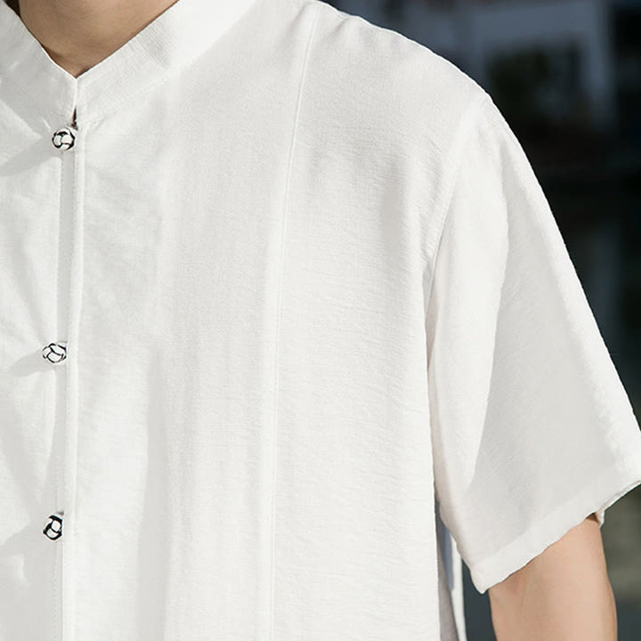 Camisa de algodón de media manga para hombre con diseño de botones frontales de color liso de verano con Buddha Stones - image 10