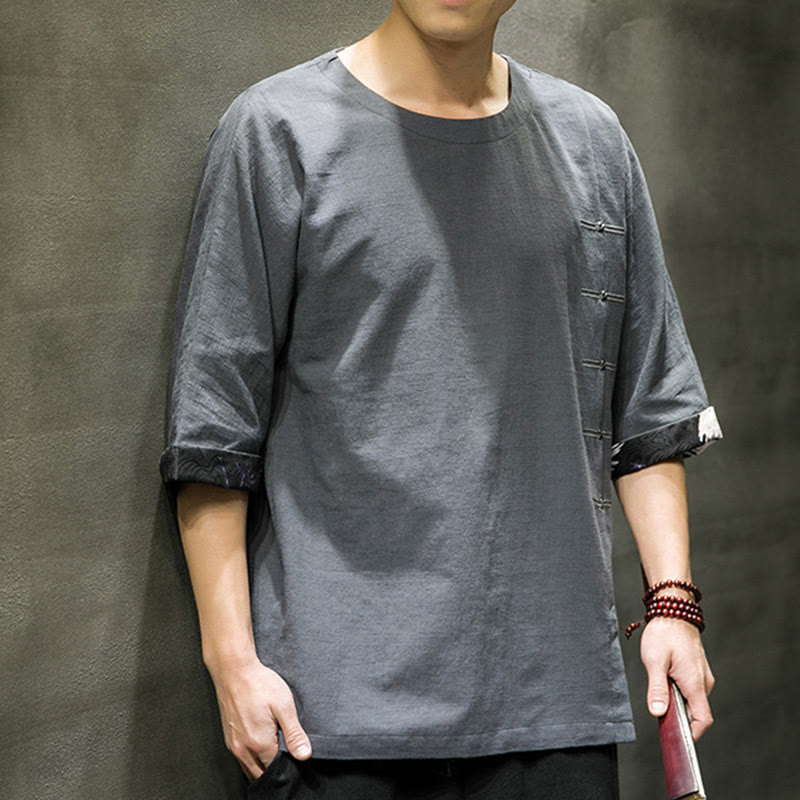 Camiseta de lino y algodón con diseño de patchwork de color sólido retro de verano con Buddha Stones para hombre, de manga tres cuartos - image 19