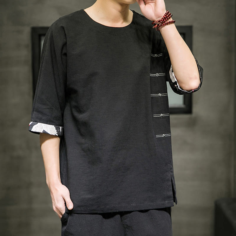 Camiseta de lino y algodón con diseño de patchwork de color sólido retro de verano con Buddha Stones para hombre, de manga tres cuartos - Negro - US/UK/AU46, EU56 (5XL) - image 0