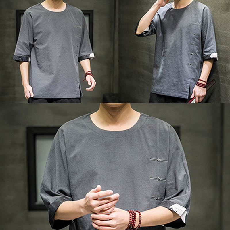 Camiseta de lino y algodón con diseño de patchwork de color sólido retro de verano con Buddha Stones para hombre, de manga tres cuartos - image 22