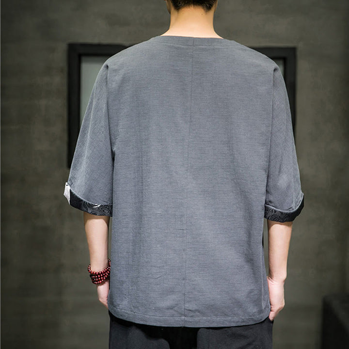 Camiseta de lino y algodón con diseño de patchwork de color sólido retro de verano con Buddha Stones para hombre, de manga tres cuartos - image 17