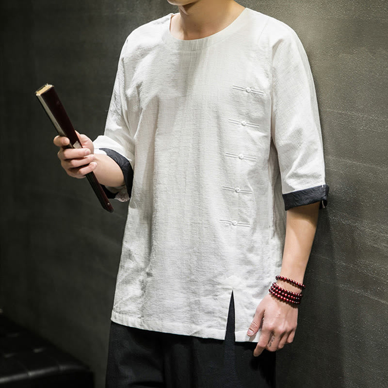 Camiseta de lino y algodón con diseño de patchwork de color sólido retro de verano con Buddha Stones para hombre, de manga tres cuartos - image 26