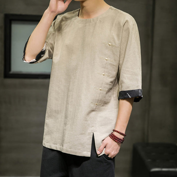 Camiseta de lino y algodón con diseño de patchwork de color sólido retro de verano con Buddha Stones para hombre, de manga tres cuartos - image 9