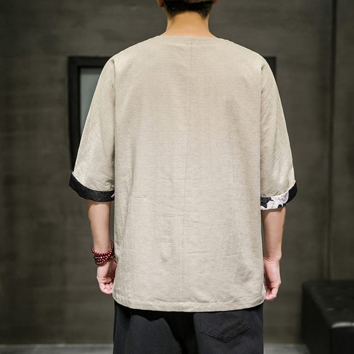 Camiseta de lino y algodón con diseño de patchwork de color sólido retro de verano con Buddha Stones para hombre, de manga tres cuartos - image 9