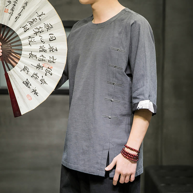 Camiseta de lino y algodón con diseño de patchwork de color sólido retro de verano con Buddha Stones para hombre, de manga tres cuartos - image 20