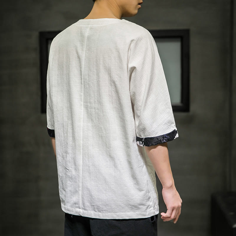 Camiseta de lino y algodón con diseño de patchwork de color sólido retro de verano con Buddha Stones para hombre, de manga tres cuartos - image 25