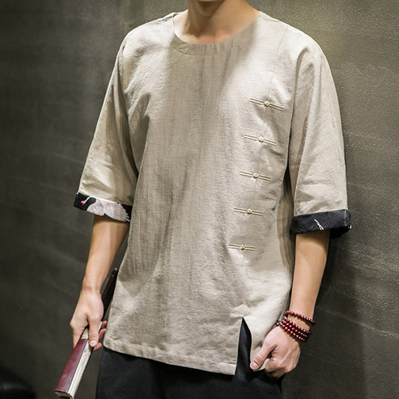 Camiseta de lino y algodón con diseño de patchwork de color sólido retro de verano con Buddha Stones para hombre, de manga tres cuartos - image 11