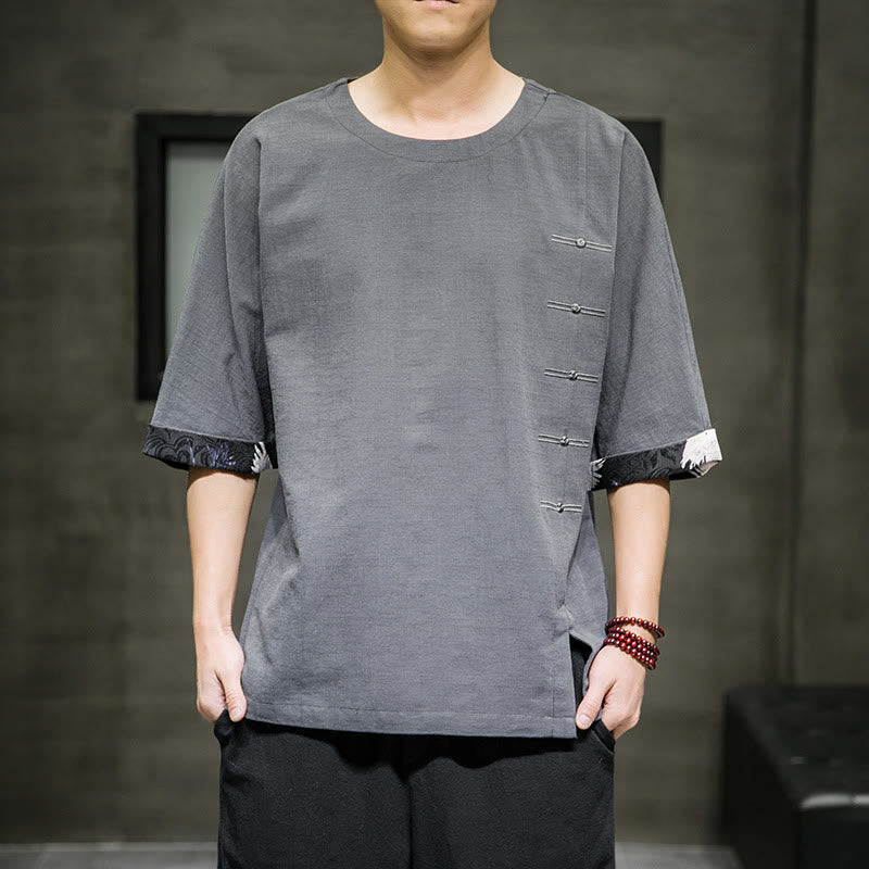 Camiseta de lino y algodón con diseño de patchwork de color sólido retro de verano con Buddha Stones para hombre, de manga tres cuartos - Gris pizarra claro - US/UK/AU46, EU56 (5XL) - image 14