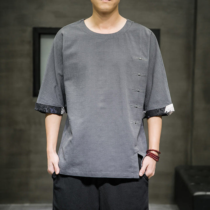 Camiseta de lino y algodón con diseño de patchwork de color sólido retro de verano con Buddha Stones para hombre, de manga tres cuartos - Gris pizarra claro - US/UK/AU46, EU56 (5XL) - image 14