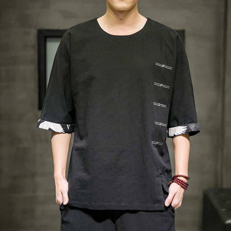 Camiseta de lino y algodón con diseño de patchwork de color sólido retro de verano con Buddha Stones para hombre, de manga tres cuartos - image 1