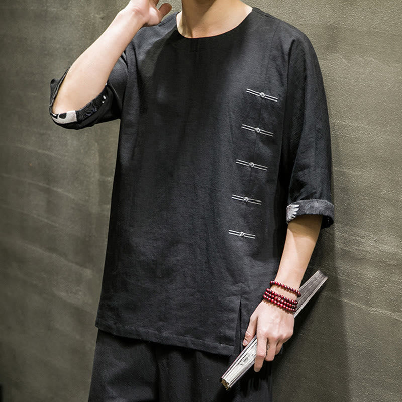 Camiseta de lino y algodón con diseño de patchwork de color sólido retro de verano con Buddha Stones para hombre, de manga tres cuartos - image 5