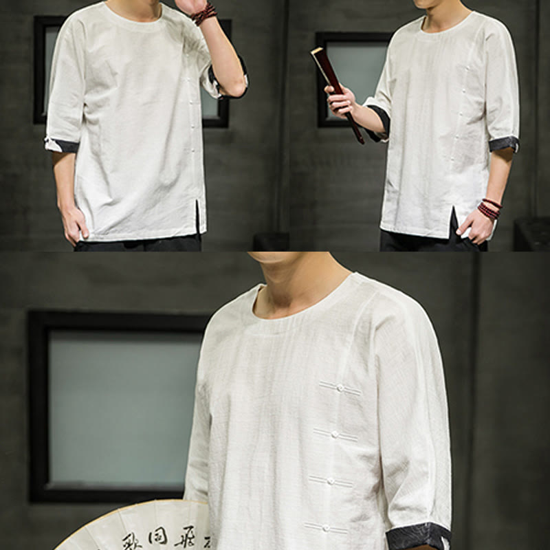 Camiseta de lino y algodón con diseño de patchwork de color sólido retro de verano con Buddha Stones para hombre, de manga tres cuartos - image 32