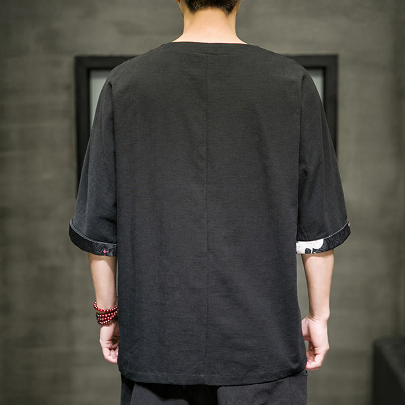 Camiseta de lino y algodón con diseño de patchwork de color sólido retro de verano con Buddha Stones para hombre, de manga tres cuartos - image 3