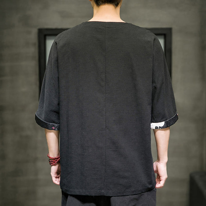 Camiseta de lino y algodón con diseño de patchwork de color sólido retro de verano con Buddha Stones para hombre, de manga tres cuartos - image 3