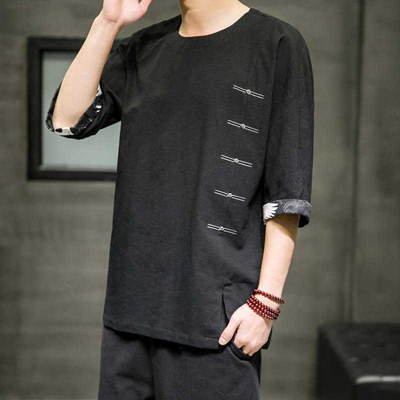 Camiseta de lino y algodón con diseño de patchwork de color sólido retro de verano con Buddha Stones para hombre, de manga tres cuartos - image 2