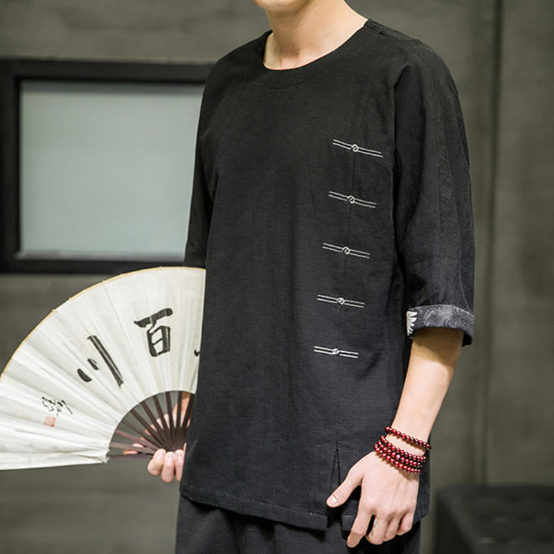 Camiseta de lino y algodón con diseño de patchwork de color sólido retro de verano con Buddha Stones para hombre, de manga tres cuartos - image 5