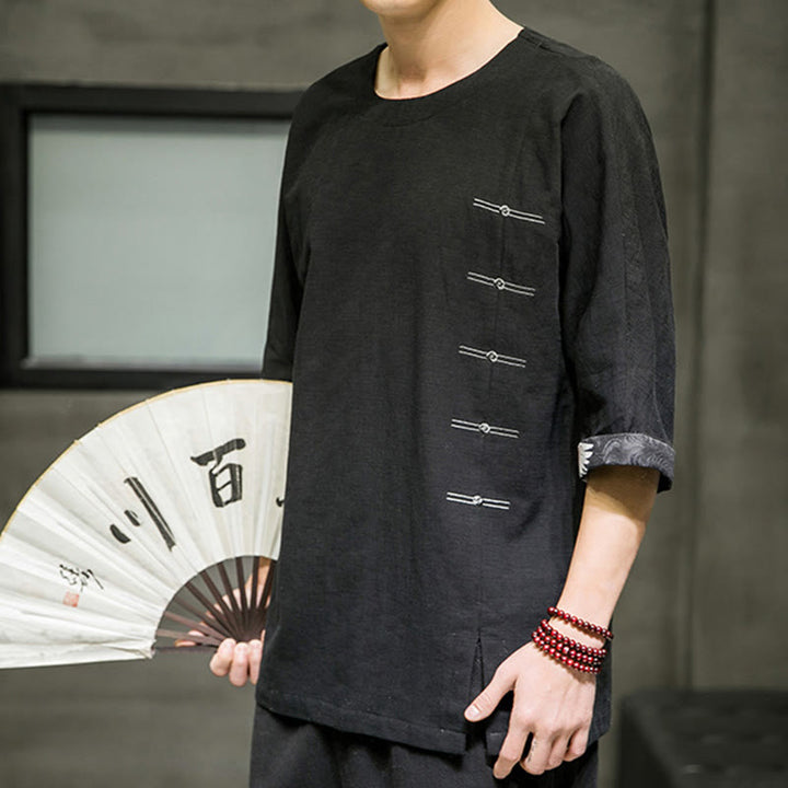 Camiseta de lino y algodón con diseño de patchwork de color sólido retro de verano con Buddha Stones para hombre, de manga tres cuartos - image 5