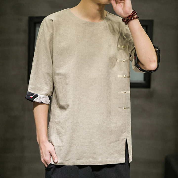 Camiseta de lino y algodón con diseño de patchwork de color sólido retro de verano con Buddha Stones para hombre, de manga tres cuartos - image 11