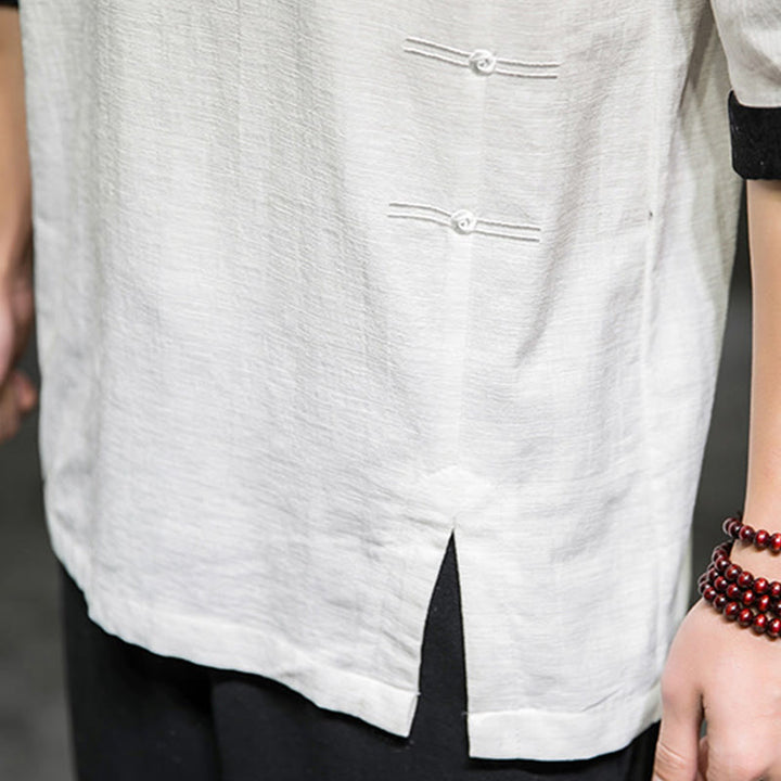 Camiseta de lino y algodón con diseño de patchwork de color sólido retro de verano con Buddha Stones para hombre, de manga tres cuartos - image 31