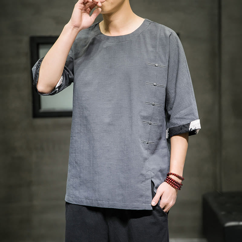 Camiseta de lino y algodón con diseño de patchwork de color sólido retro de verano con Buddha Stones para hombre, de manga tres cuartos - image 15