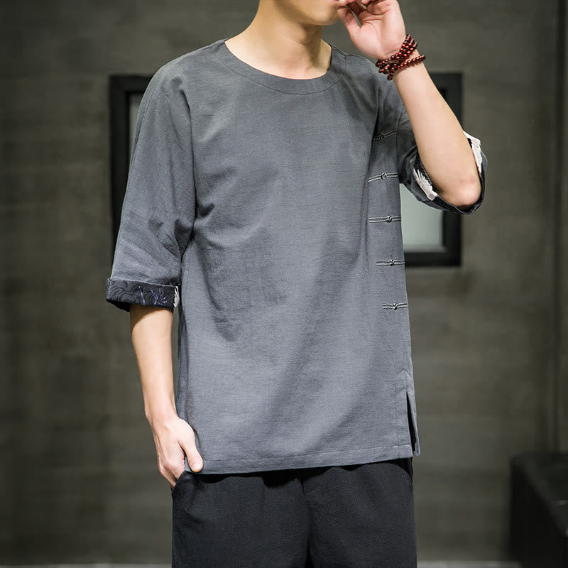 Camiseta de lino y algodón con diseño de patchwork de color sólido retro de verano con Buddha Stones para hombre, de manga tres cuartos - image 17