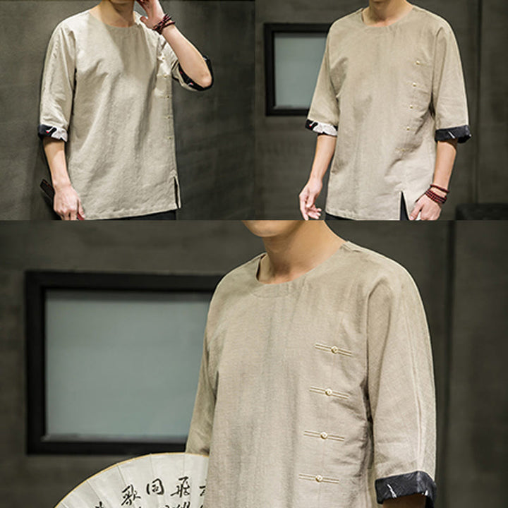 Camiseta de lino y algodón con diseño de patchwork de color sólido retro de verano con Buddha Stones para hombre, de manga tres cuartos - image 14