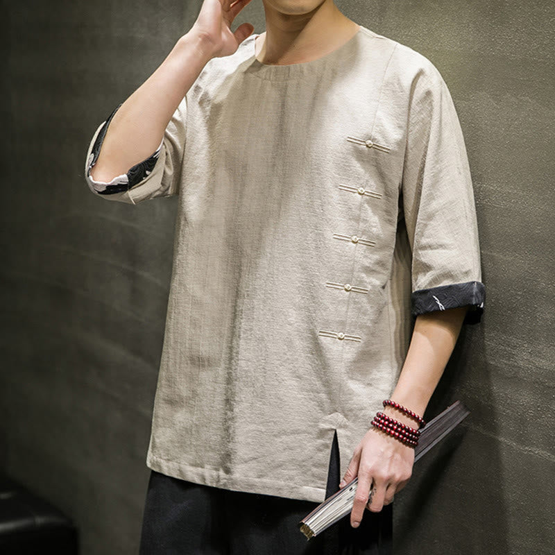 Camiseta de lino y algodón con diseño de patchwork de color sólido retro de verano con Buddha Stones para hombre, de manga tres cuartos - image 12