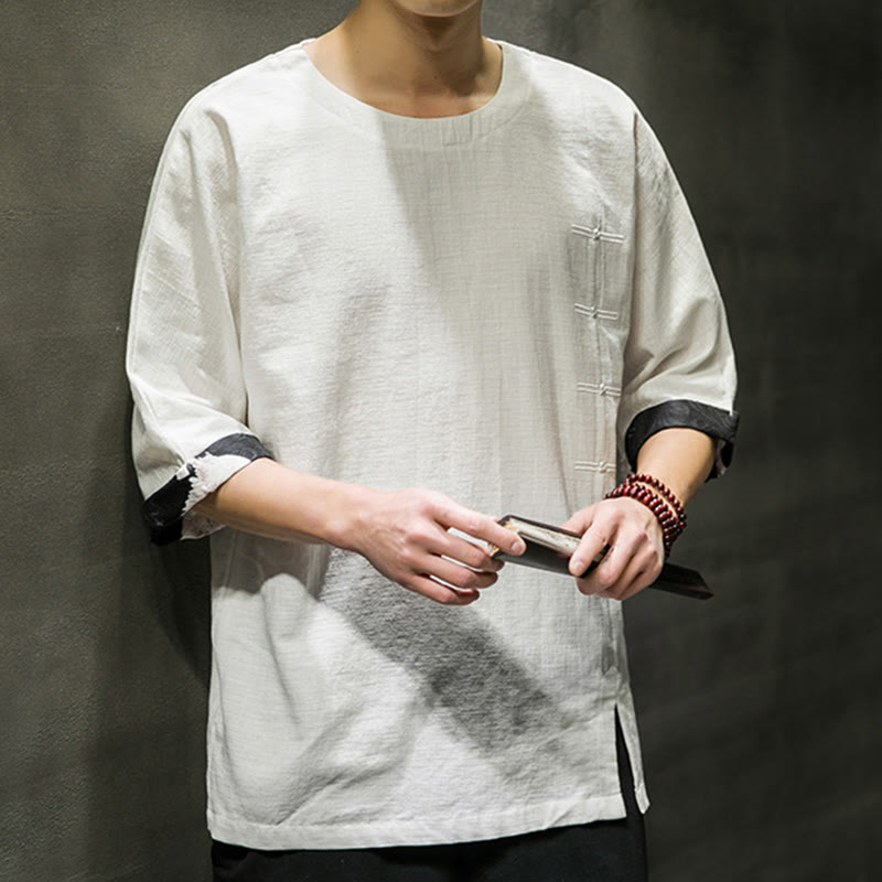 Camiseta de lino y algodón con diseño de patchwork de color sólido retro de verano con Buddha Stones para hombre, de manga tres cuartos - image 27