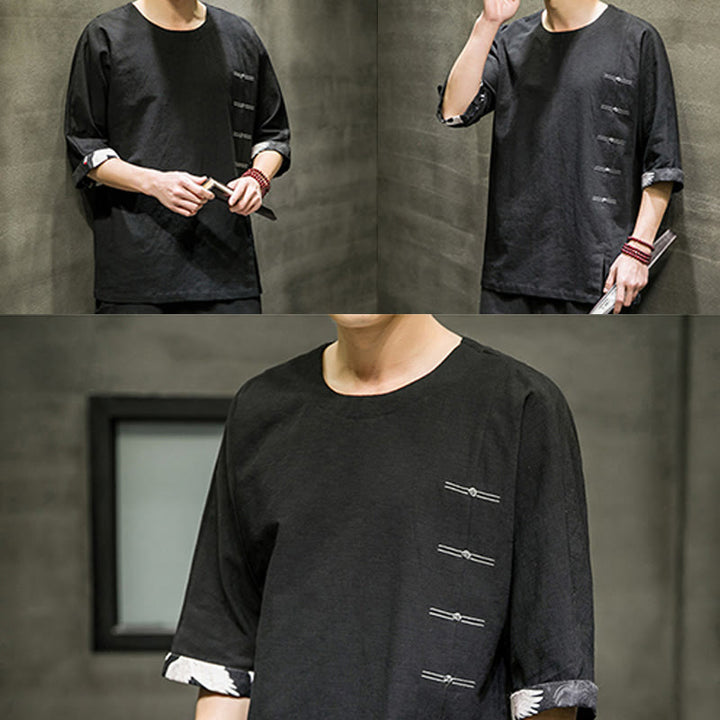 Camiseta de lino y algodón con diseño de patchwork de color sólido retro de verano con Buddha Stones para hombre, de manga tres cuartos - image 7